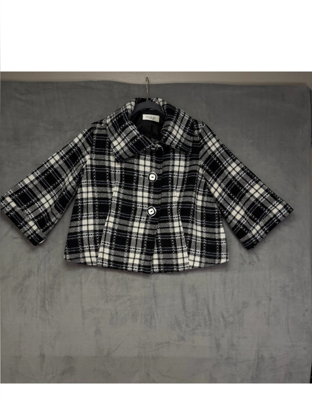 Vintage Wool Blend Jacket Women's Sz Large Black White Blue Plaid Button Up Coat